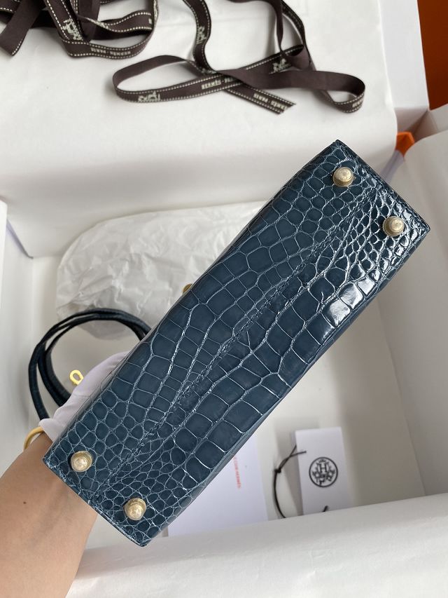 Hermes genuine crocodile leather mini kelly bag K0019 blue jean