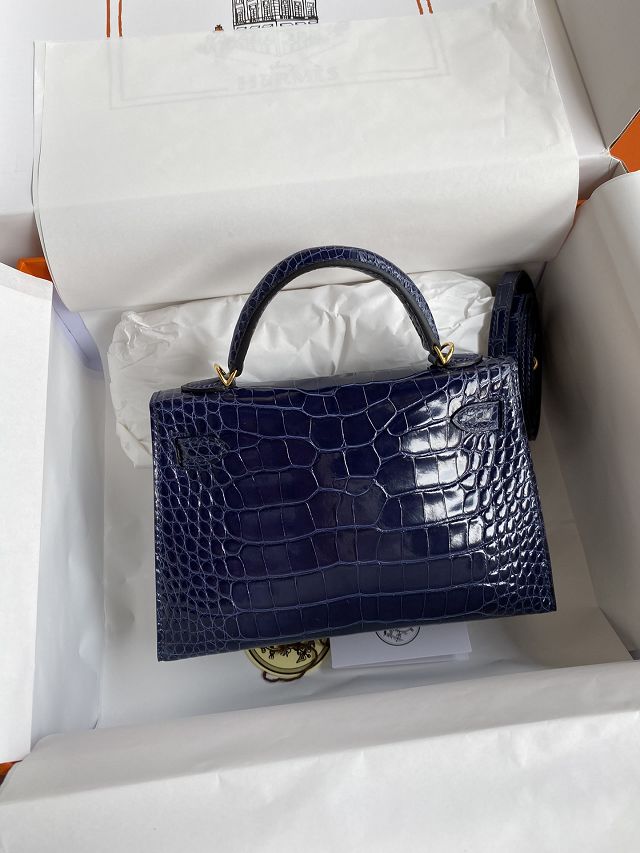 Hermes genuine crocodile leather mini kelly bag K0019 blue saphir