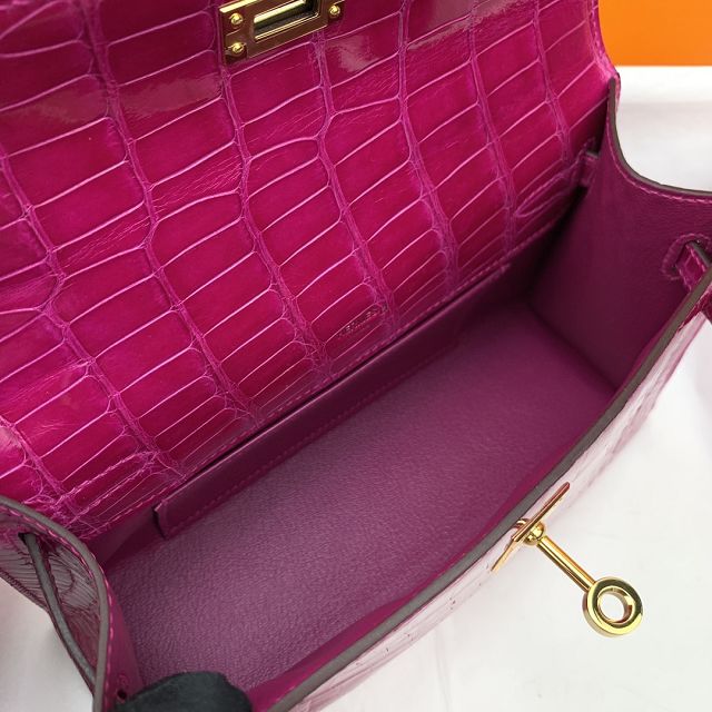 Hermes genuine crocodile leather mini kelly clutch K220 rose sheherzade