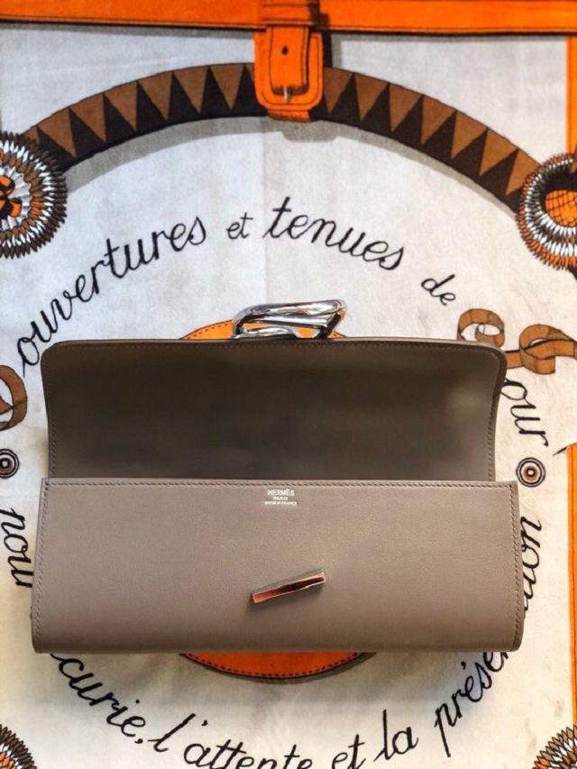 Hermes original swfit leather egee clutch E001 gris etain