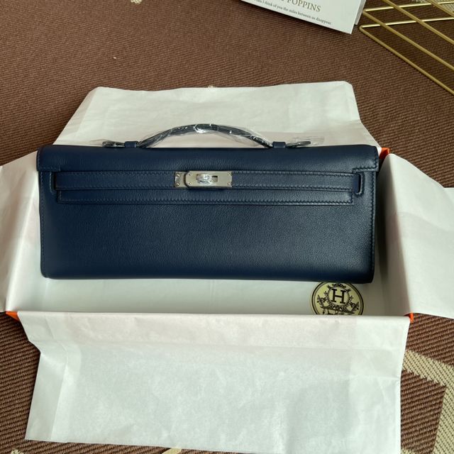 hermes original swfit leather kelly cut 31 clutch H032 dark blue