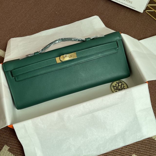 hermes original swfit leather kelly cut 31 clutch H032 peacock green