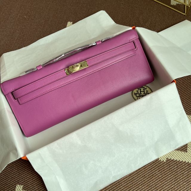 hermes original swfit leather kelly cut 31 clutch H032 rose purple