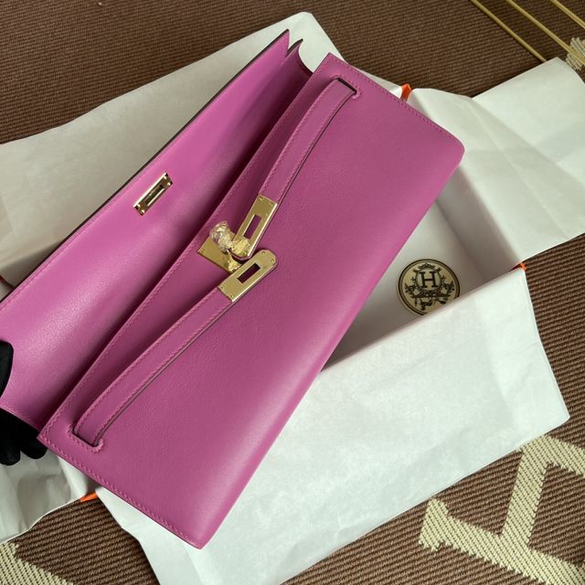 hermes original swfit leather kelly cut 31 clutch H032 rose purple