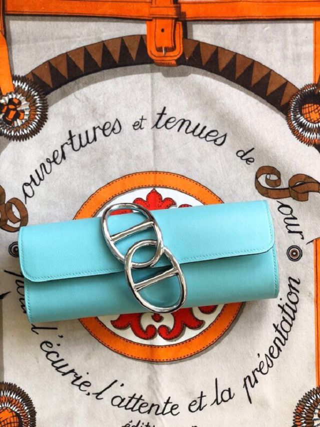 Hermes original swfit leather egee clutch E001 blue atoll