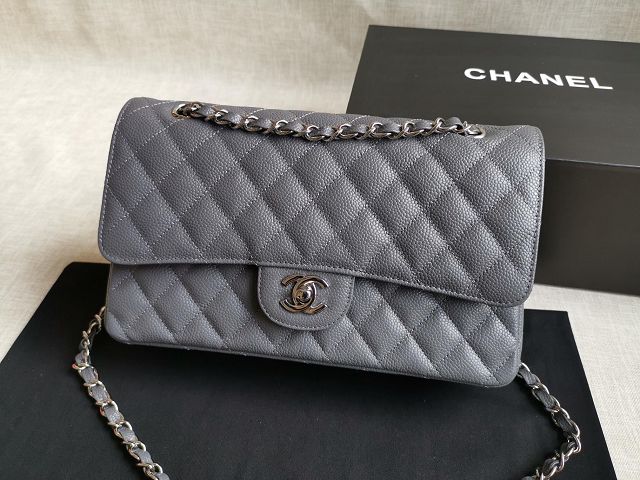 CC handmade grained calfskin medium flap bag HA01112 grey