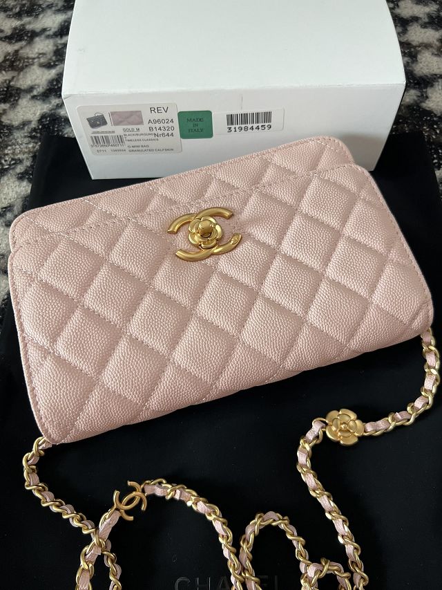 CC original grained calfskin wallet on chain AP3580 pink