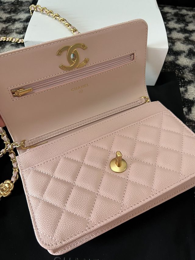 CC original grained calfskin wallet on chain AP3580 pink