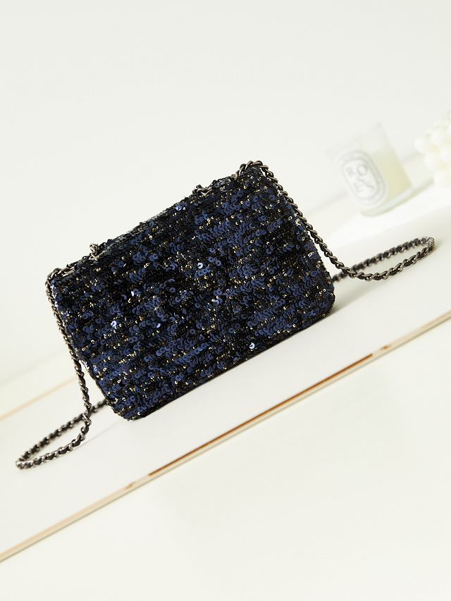 CC original sequins medium flap bag AS3965 black&blue