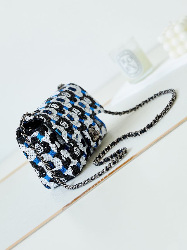 CC original sequins medium flap bag AS3965 black&blue&white