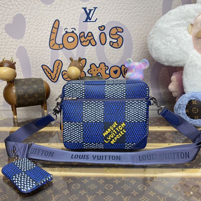 Louis vuitton original damier canvas trio messenger bag N40694 blue