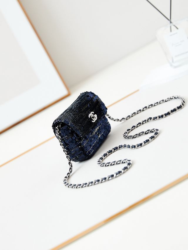 CC original sequins mini flap bag AS3268 navy blue