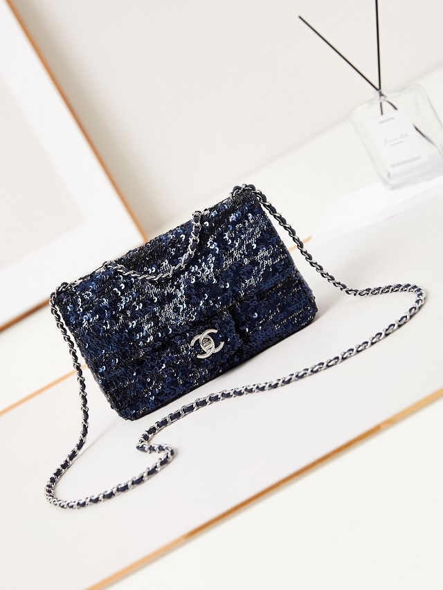 CC original sequins mini flap bag AS3269 navy blue