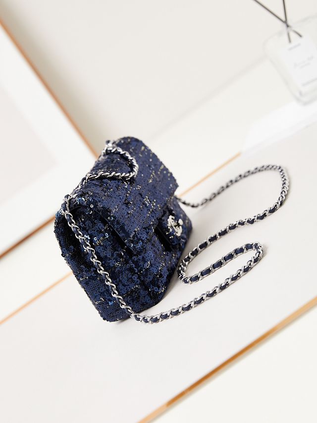 CC original sequins mini flap bag AS3269 navy blue