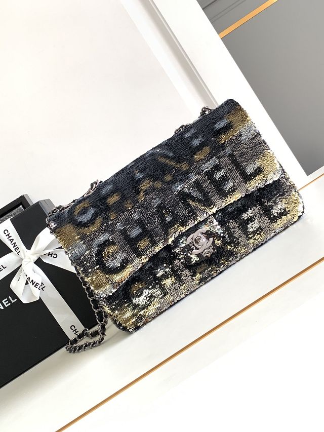 CC original sequins medium flap bag A01112 black&gold