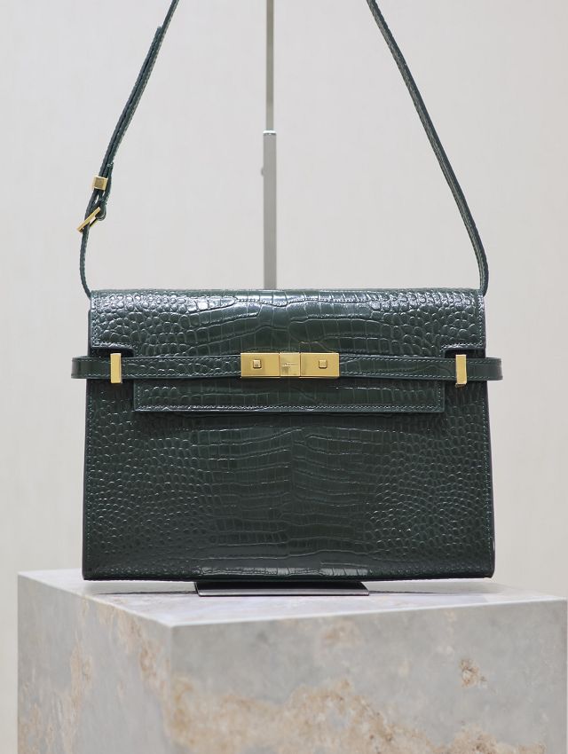 YSL original crocodile calfskin manhattan shoulder bag 579271 green