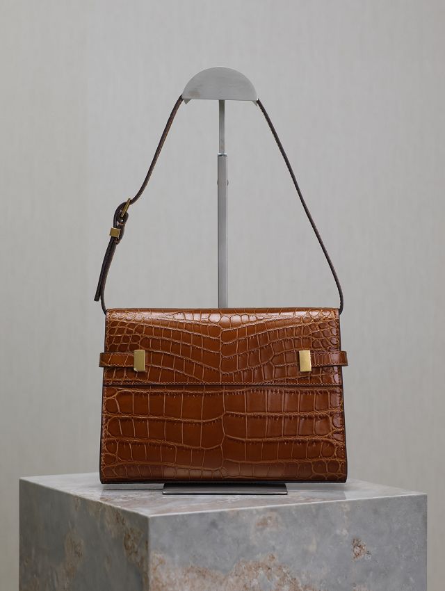 YSL original crocodile calfskin manhattan small flap bag 675626 brown