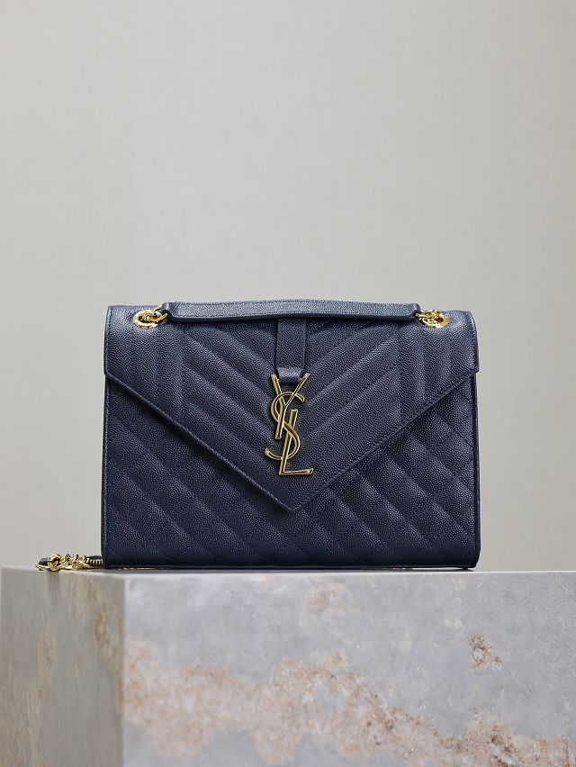 YSL original grained calfskin medium envelope chain bag 487206 navy blue