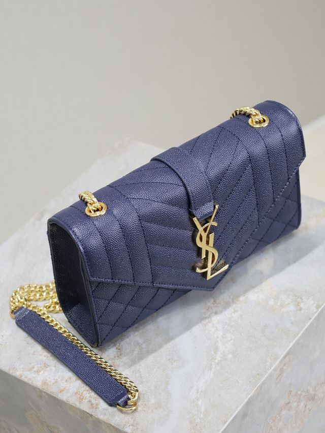 YSL original grained calfskin small envelope chain bag 526286 navy blue