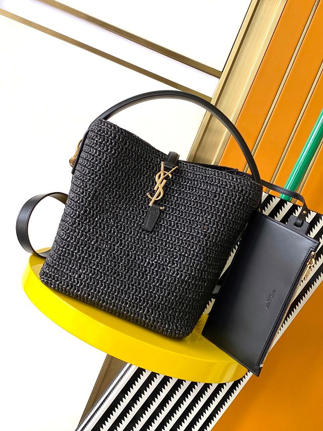 YSL original raffia medium le 37 bucket bag 742828 black