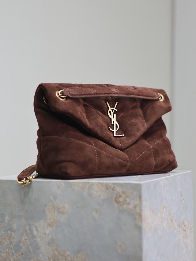 YSL original suede calfskin puffer small bag 577476 dark coffee