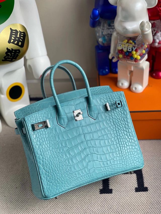 Hermes genuine crocodile leather birkin bag BK350 blue saint