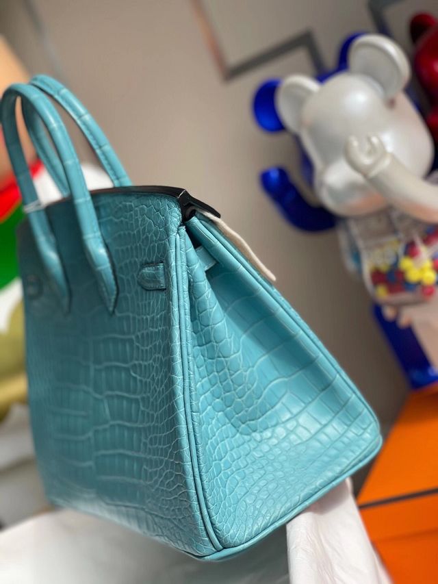 Hermes genuine crocodile leather birkin bag BK350 blue saint