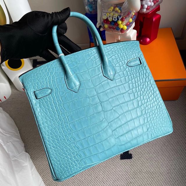 Hermes genuine crocodile leather birkin bag BK350 blue saint