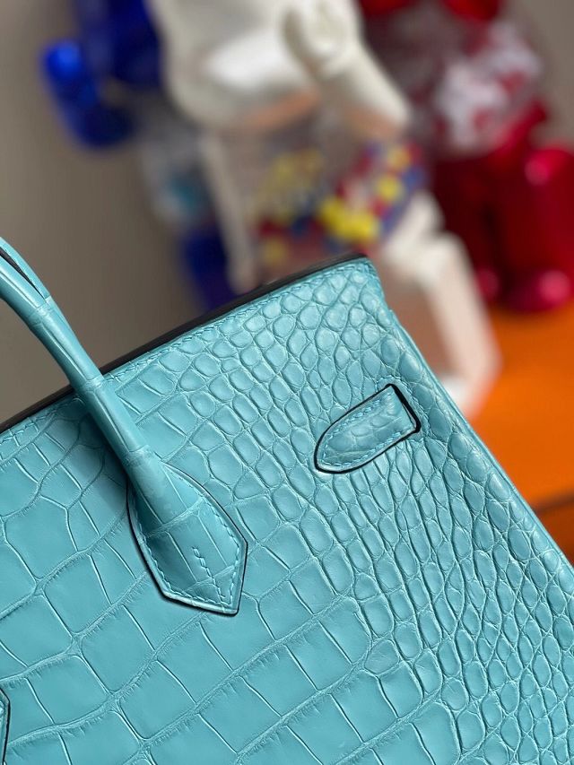 Hermes genuine crocodile leather birkin bag BK350 blue saint