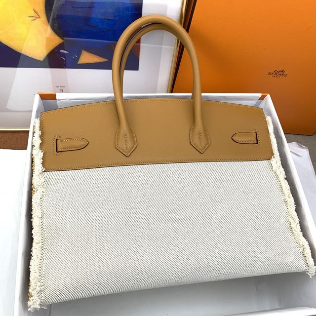 Hermes handmade original calfskin&canvas birkin bag BK00039 sesame