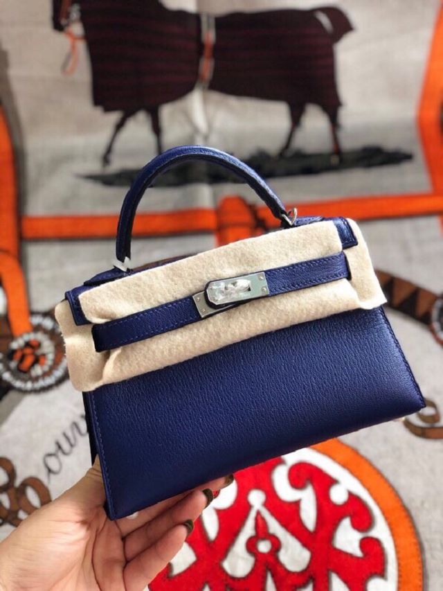 Hermes original goatskin mini kelly 19 bag KG0019 blue electrique