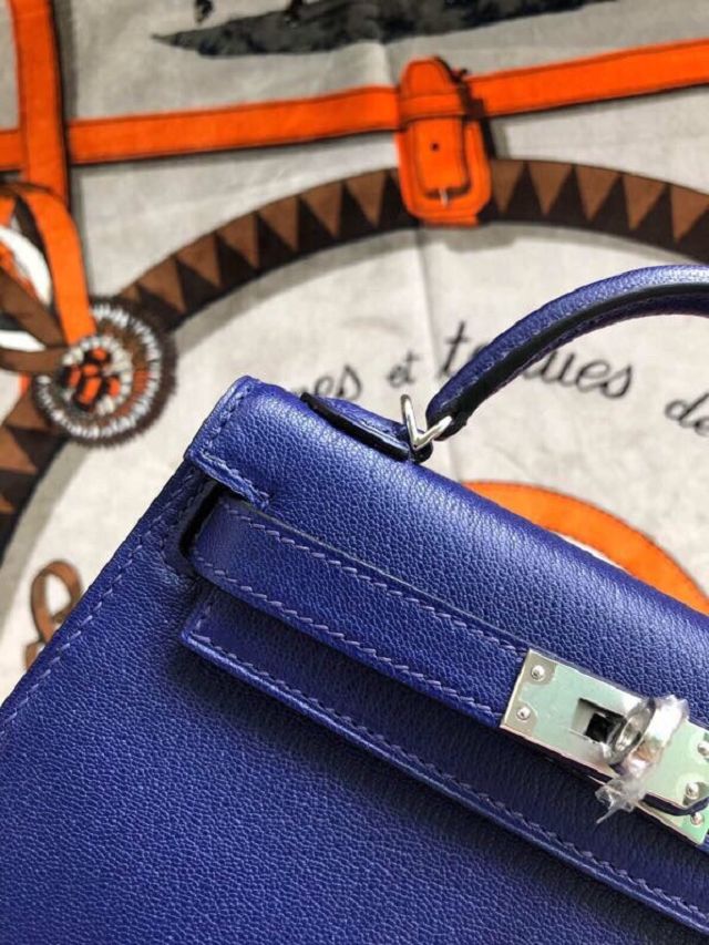 Hermes original goatskin mini kelly 19 bag KG0019 blue electrique