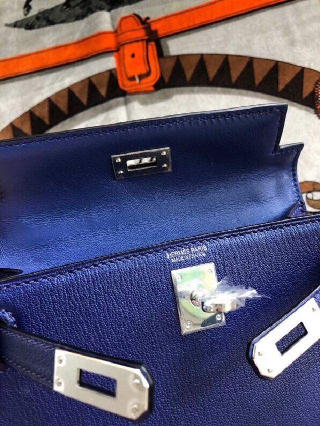 Hermes original goatskin mini kelly 19 bag KG0019 blue electrique