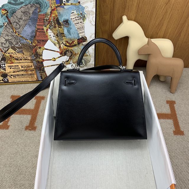 Hermes original box leather kelly 32 bag K32 black