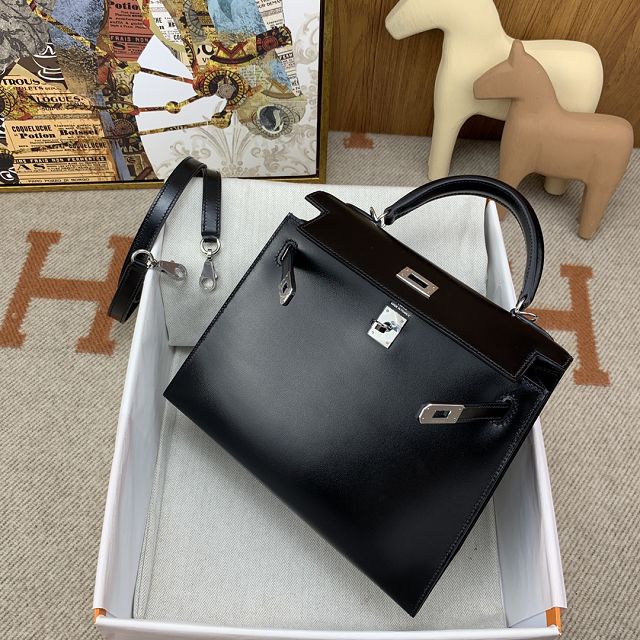 Hermes original box leather kelly 32 bag K32 black