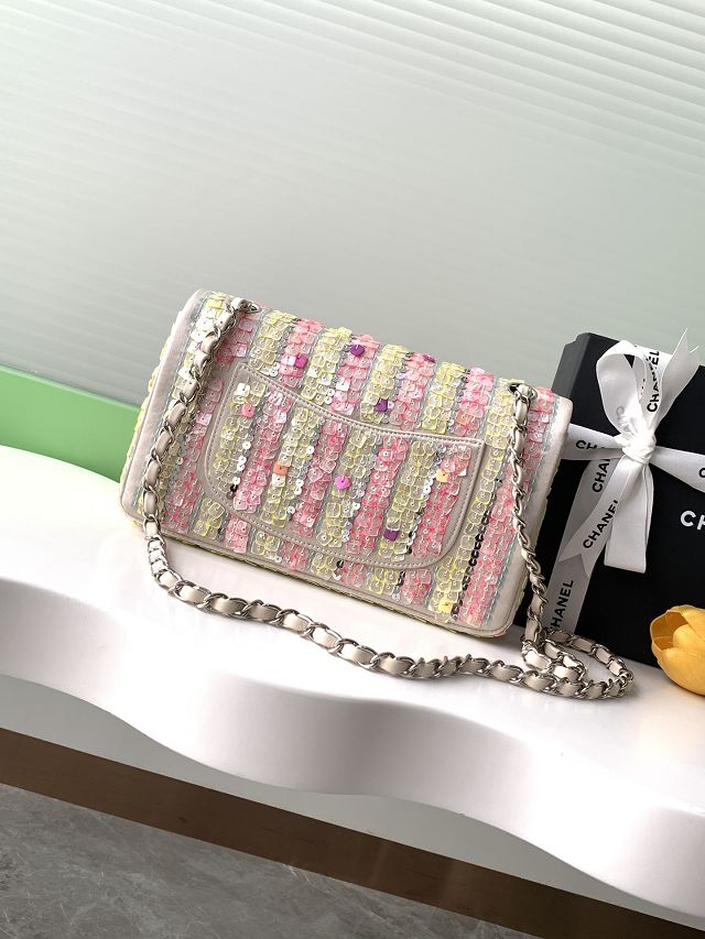 CC original sequins medium flap bag A01112 white&pink