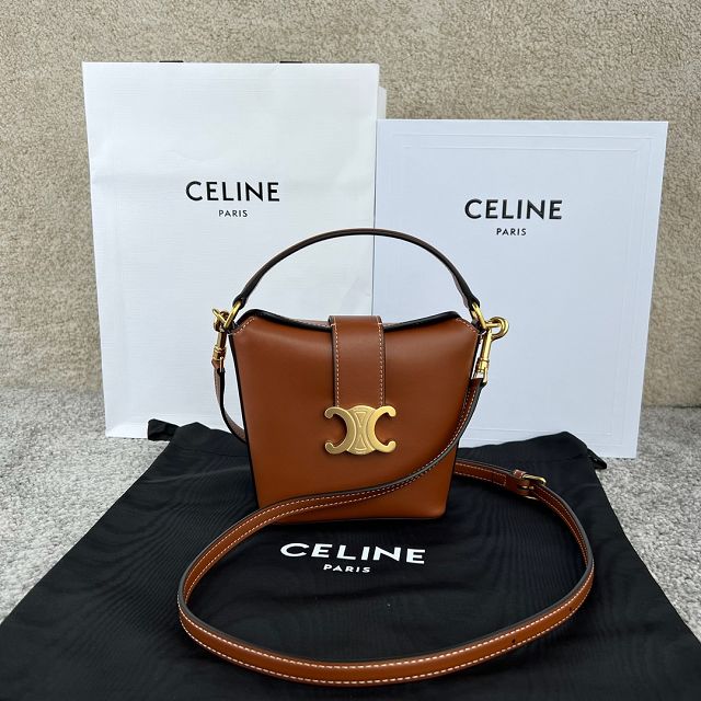 Celine original calfskin triomphe mini bucket bag 10K943 tan