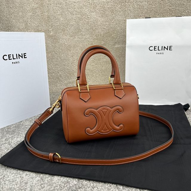 Celine original calfskin triomphe small boston bag 113773 tan