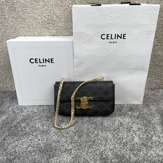 Celine original triomphe canvas chain shoulder bag 197993 tan