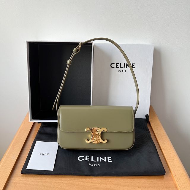 Celine original calfskin triomphe shoulder bag 194143 khaki green