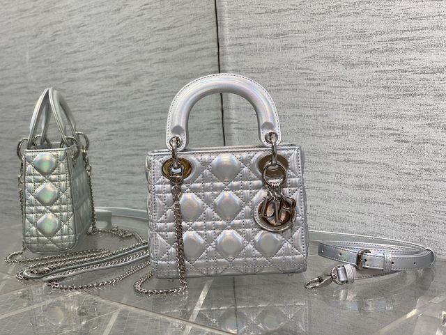 Dior original pearlescent lambskin mini lady bag M0505 silver