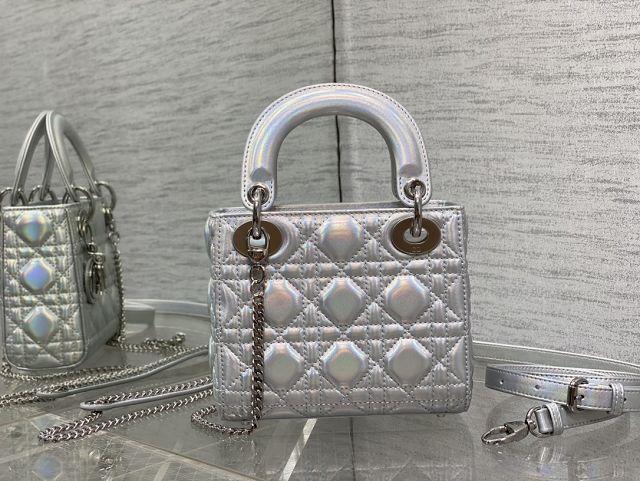 Dior original pearlescent lambskin mini lady bag M0505 silver