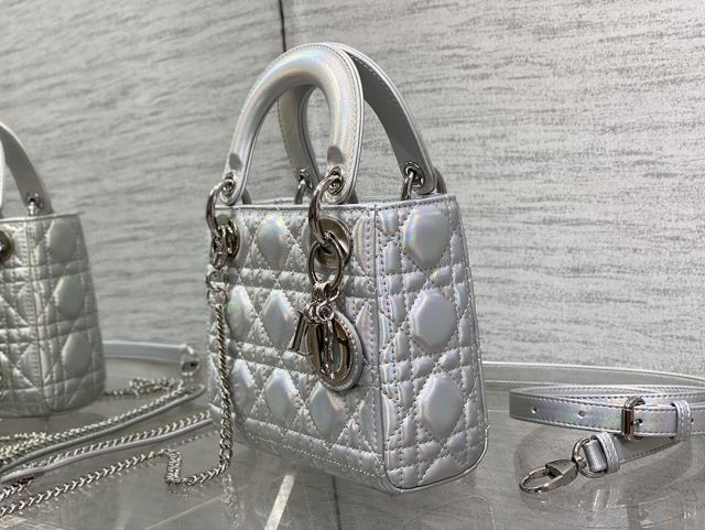 Dior original pearlescent lambskin mini lady bag M0505 silver