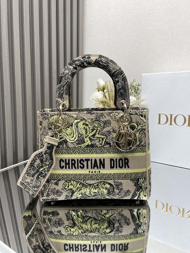 Dior original cotton medium lady bag M0565 beige&yellow