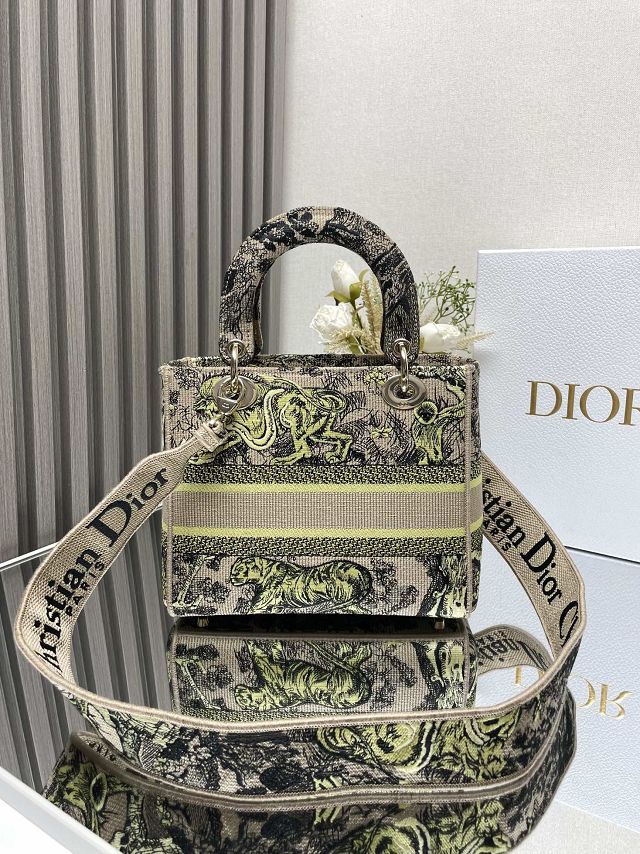 Dior original cotton medium lady bag M0565 beige&yellow