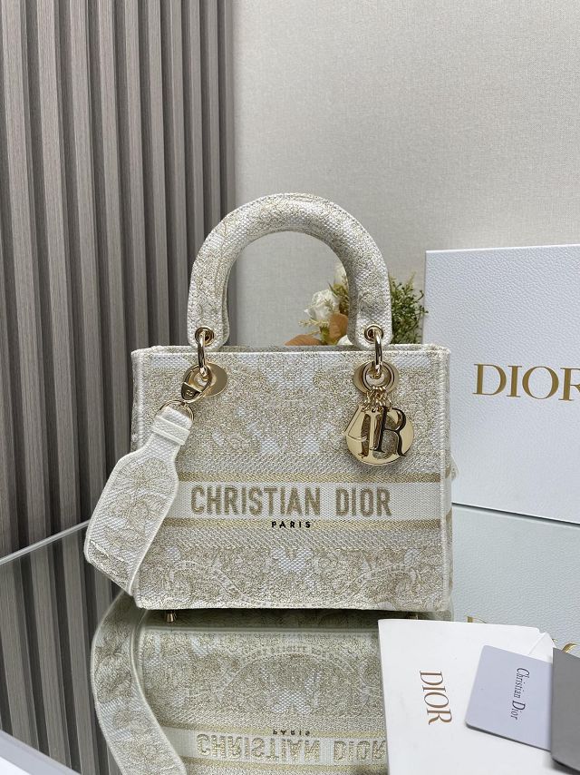 Dior original cotton medium lady bag M0565 white