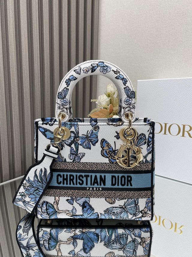 Dior original cotton medium lady bag M0565 white&blue