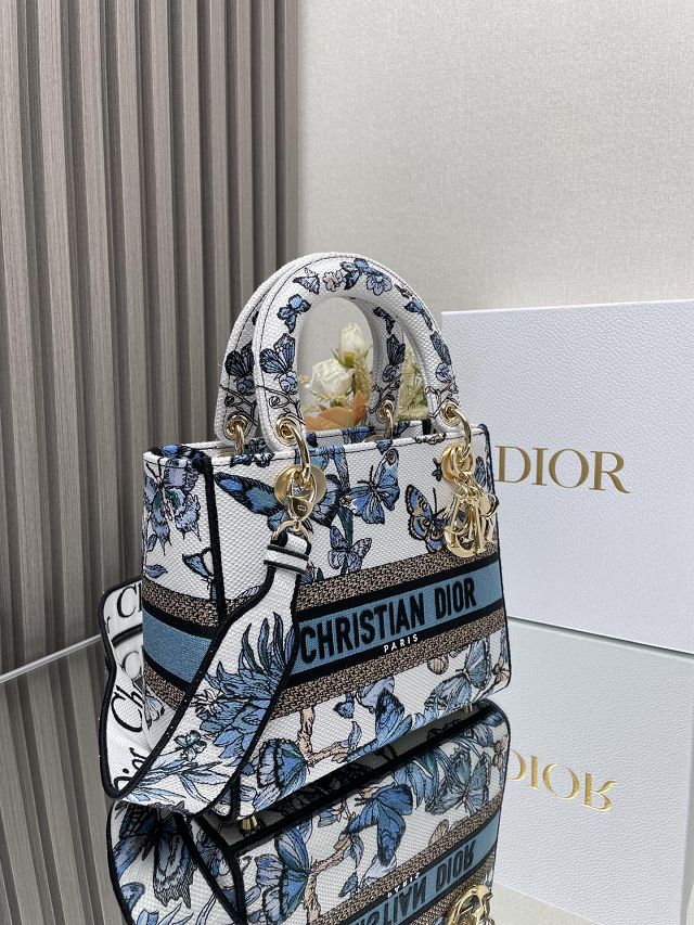 Dior original cotton medium lady bag M0565 white&blue