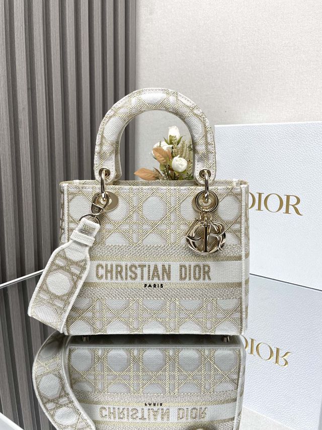 Dior original cotton medium lady bag M0565 white&gold