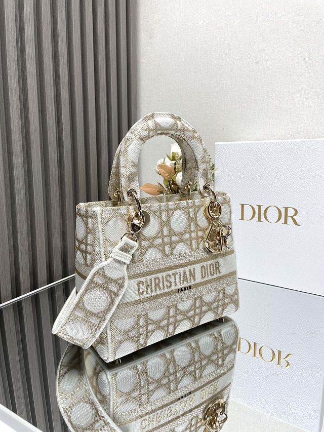 Dior original cotton medium lady bag M0565 white&gold